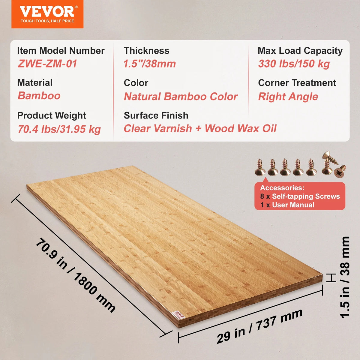 Bamboo Table Top 70.9" x 29" x 1.5" V96100