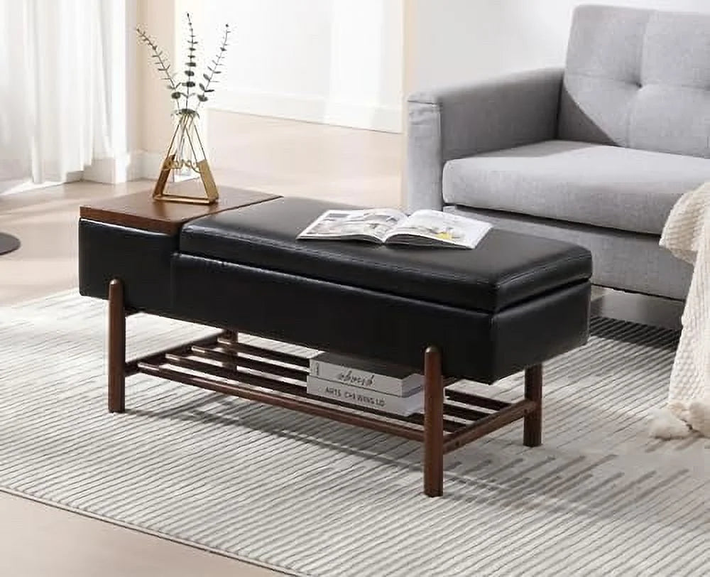Green Leather Upholstered Ottoman Bench with Wood Shoe Rack O102