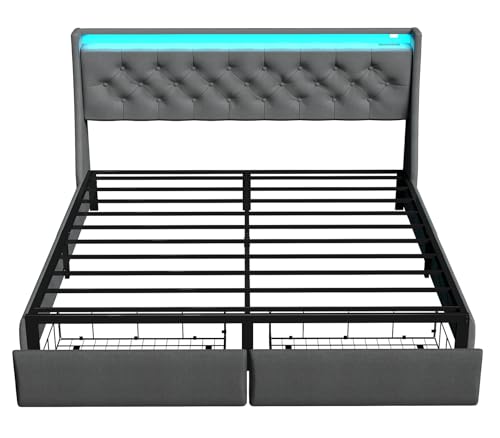Queen Size Metal Platform Bed Frame with Storage Headboard and 4 Drawer S5785