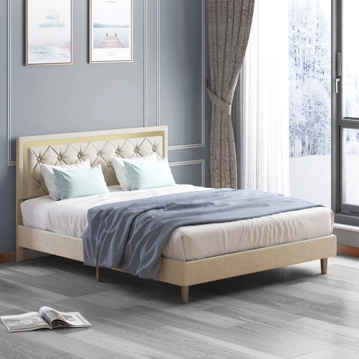 King Bed Frame with Upholstered Headboard X1677