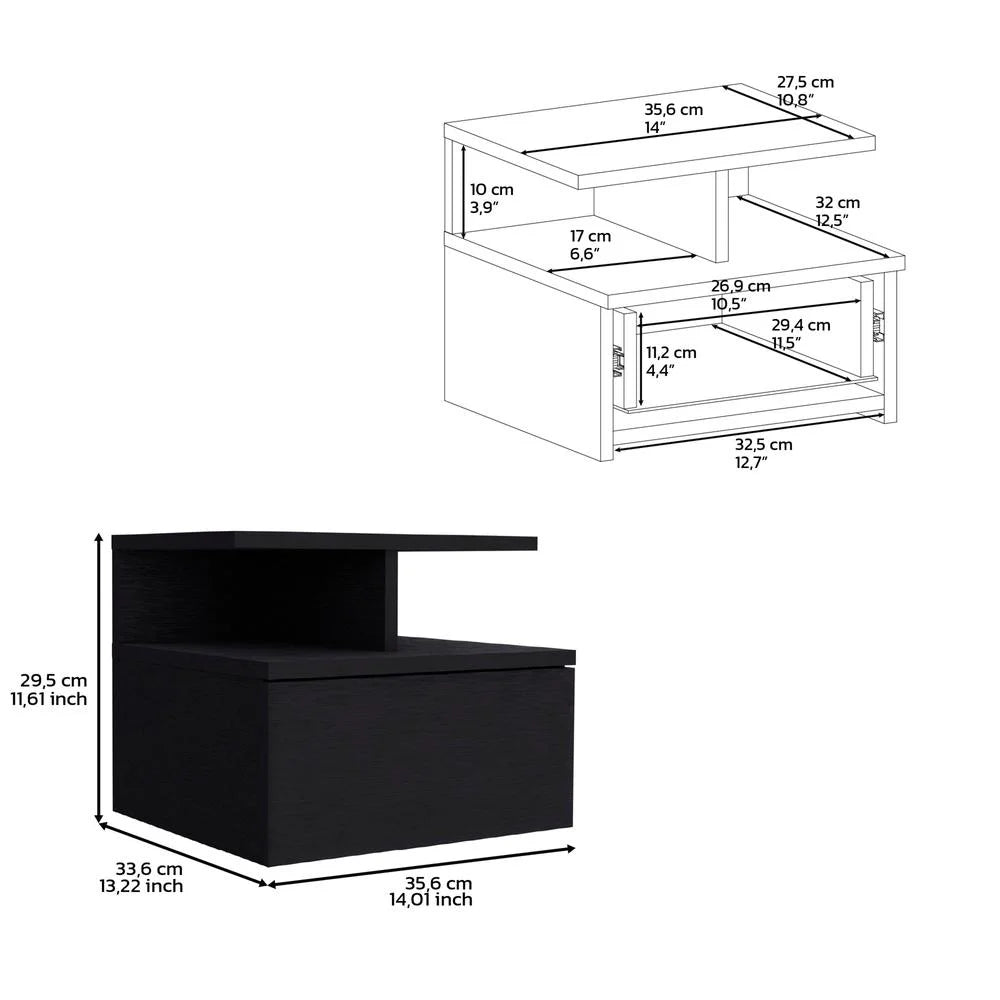 Black Floating Nightstand with Single Drawer and 2-Tier Shelf F104821