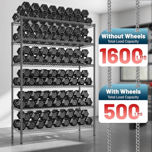 82" H X45 W X18 D 6 Tier Adjustable Metal Shelving with Wheels, Black U7062