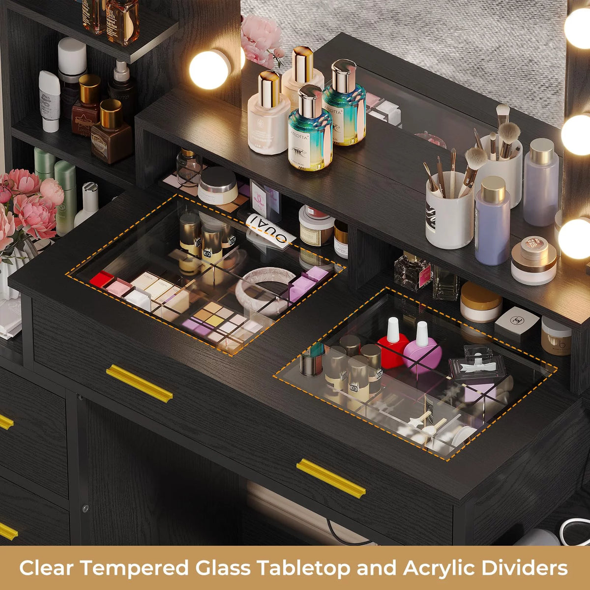 Black Glass Top Vanity Desk with Mirror and Lights P199905