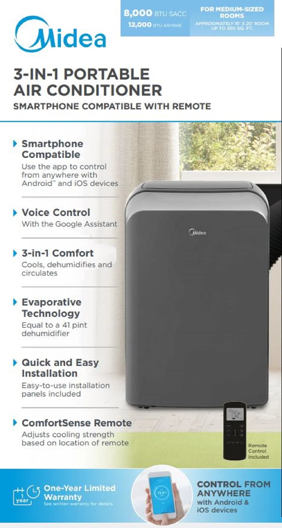 8,000 BTU Smart Portable Air Conditioner with Remote R864