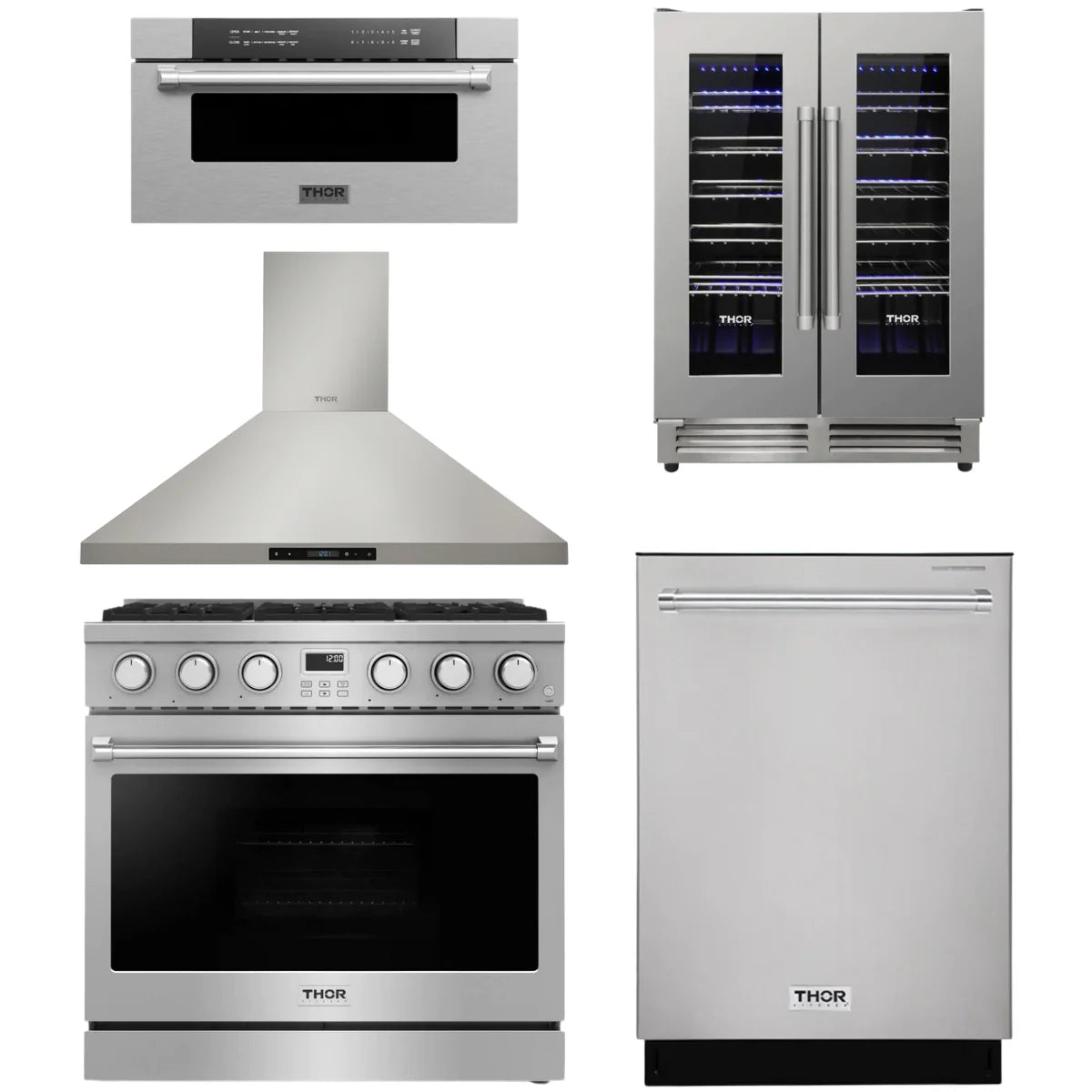 36 Gas Range, Range Hood, Dishwasher, Microwave and Wine Cooler T52994