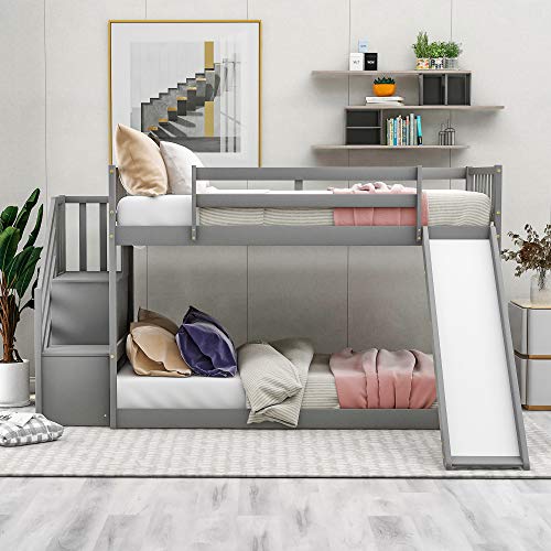 Twin Over Twin Wood Bunk Bed with Slide and Storage Drawers N2297