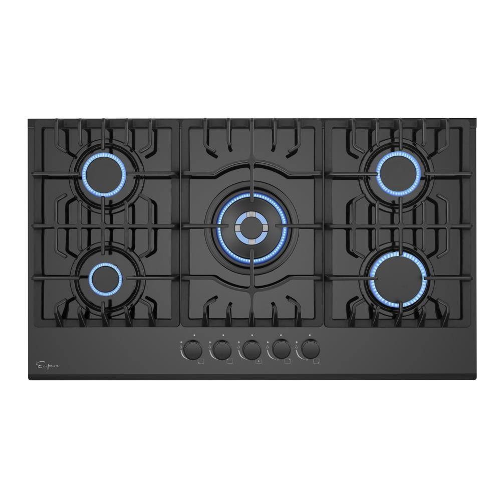 36 in. Gas Cooktop with 5 Burners in Black Tempered Glass E74935