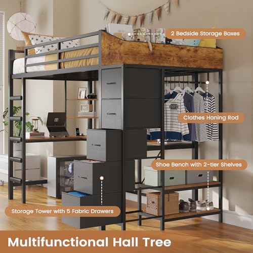 Twin Size Black Metal Loft Bed with Desk and Drawers X52344