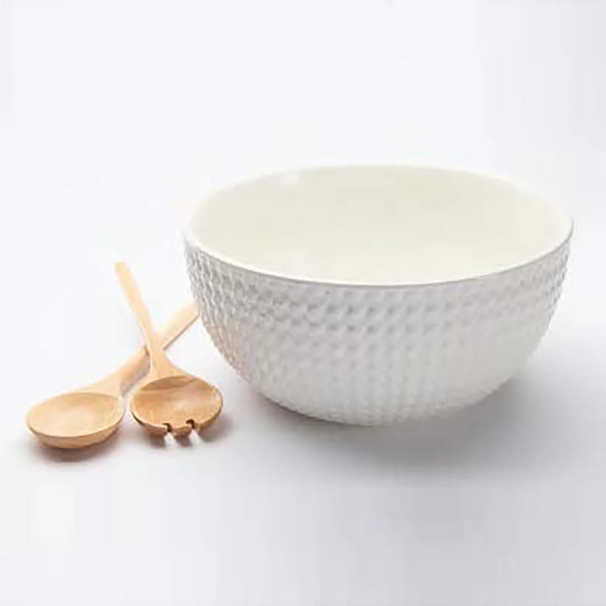 Large White Ceramic Serving Bowl with Wooden Utensils D56813