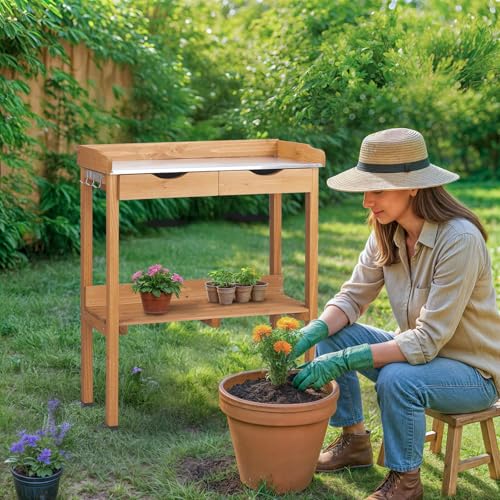 Wooden Potting Bench Table with Metal Tabletop and Open Shelf F978