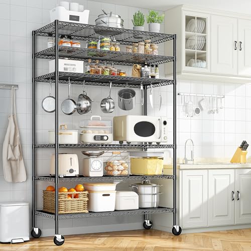 82" H X45 W X18 D 6 Tier Adjustable Metal Shelving with Wheels, Black U7062