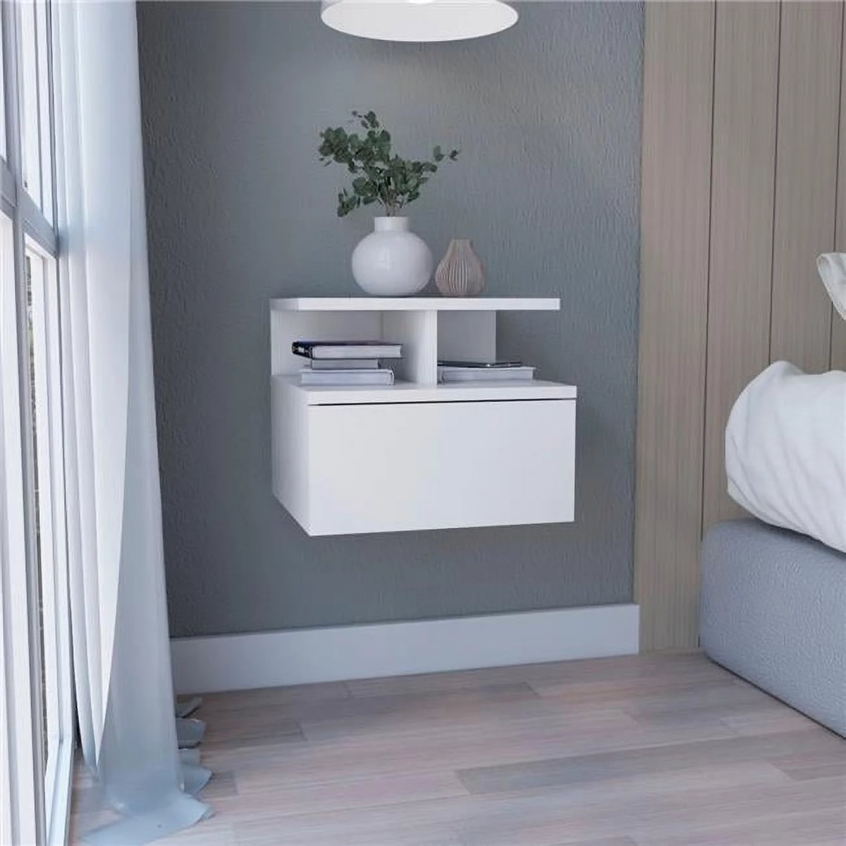 Black Floating Nightstand with Single Drawer and 2-Tier Shelf F104821