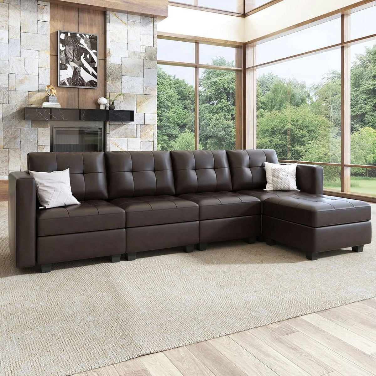 Brown Faux Leather L-Shaped Sectional Sofa with Storage M128119