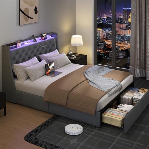 Queen Size Metal Platform Bed Frame with Storage Headboard and 4 Drawer S5785