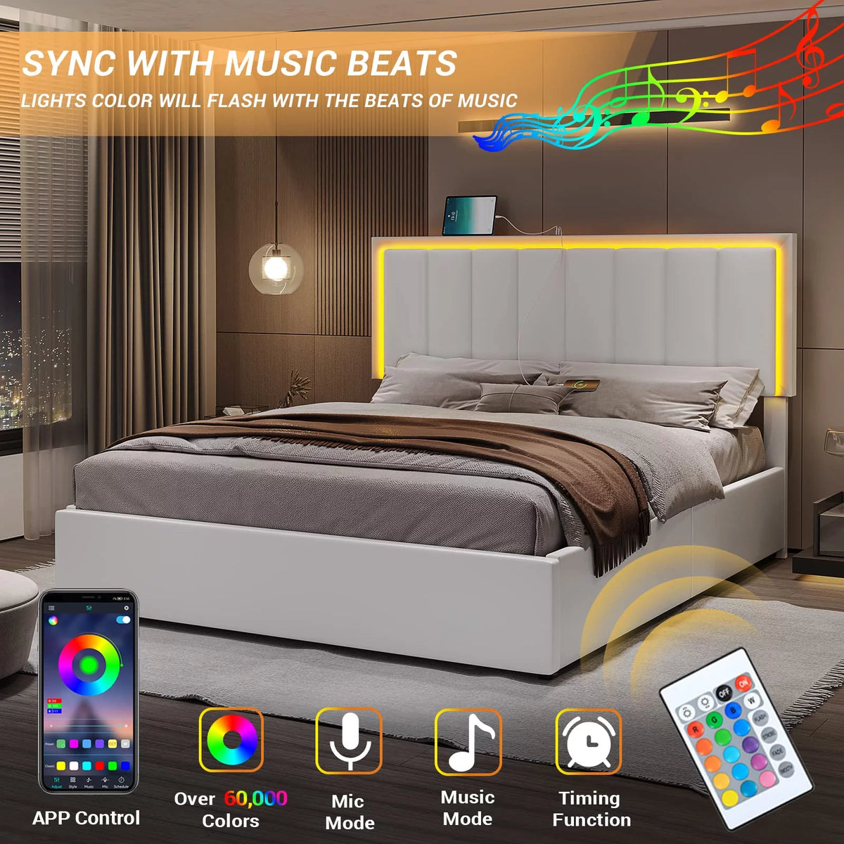 Queen LED Bed Frame with 4 Storage Drawers and USB Ports White J67593
