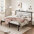 Queen Size Metal Platform Bed Frame with Shelf Headboard D286
