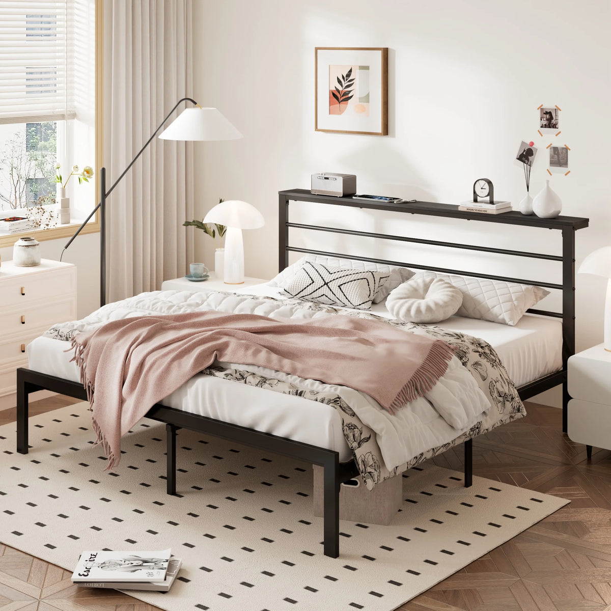 Queen Size Metal Platform Bed Frame with Shelf Headboard D286