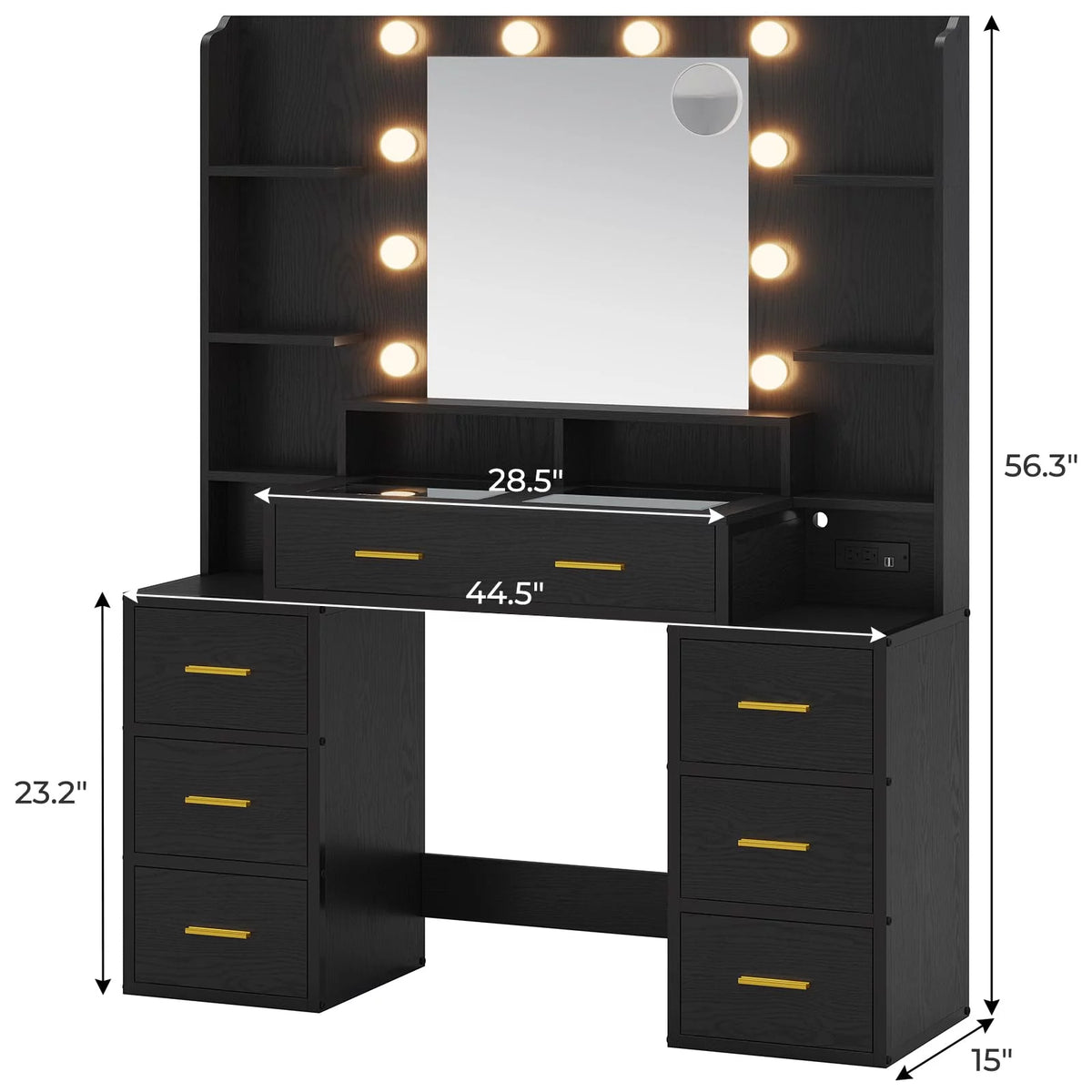 Black Glass Top Vanity Desk with Mirror and Lights P199905