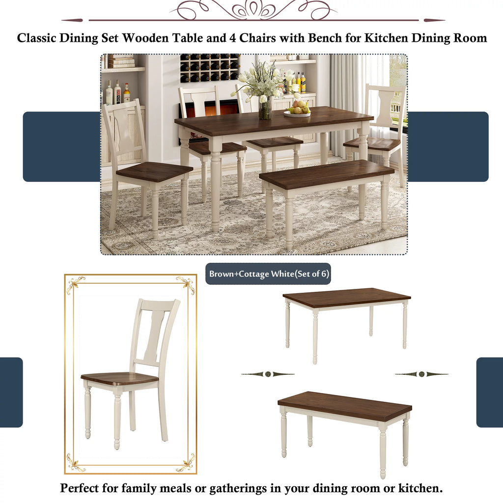 6-Piece Wooden Dining Table and 4 Chairs with Bench G498
