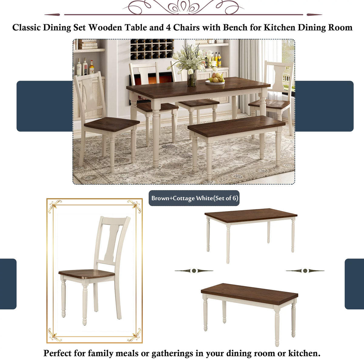 6-Piece Wooden Dining Table and 4 Chairs with Bench G498