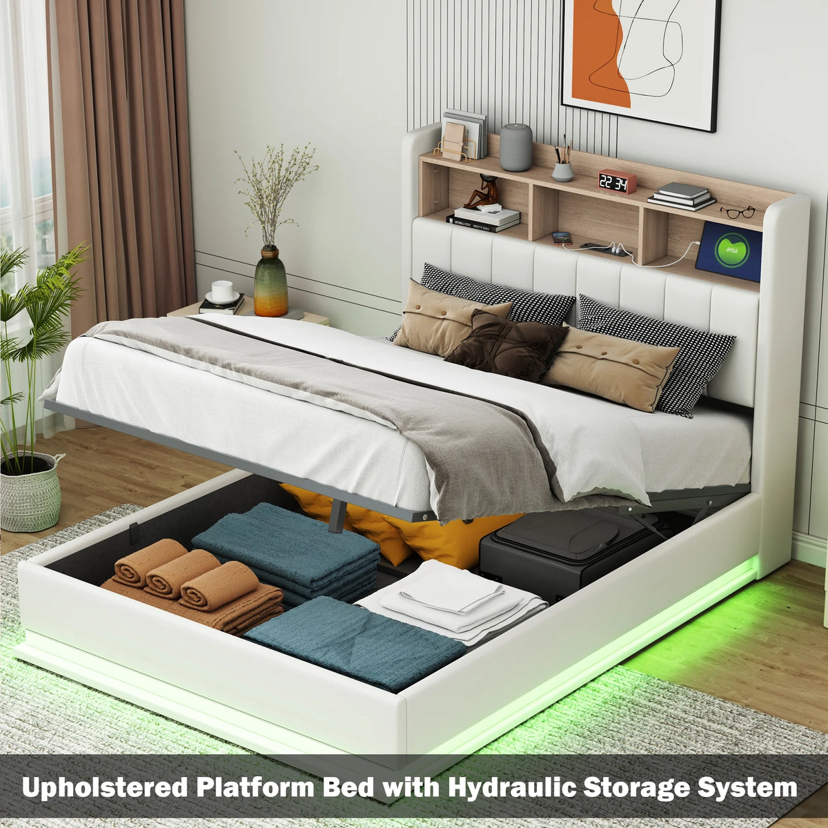 Black Full Size PU Upholstered Platform Bed with Storage Headboard R3331