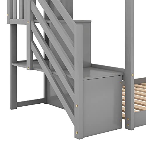 Twin Over Twin Wood Bunk Bed with Slide and Storage Drawers N2297