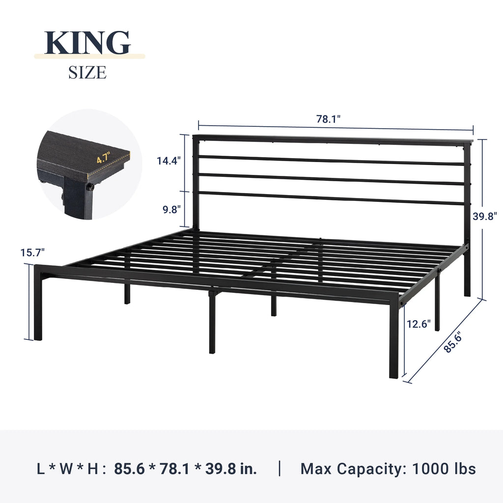 Queen Size Metal Platform Bed Frame with Shelf Headboard D286