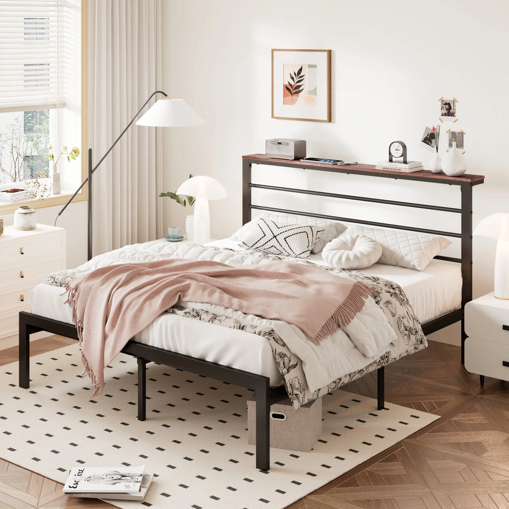 Queen Size Metal Platform Bed Frame with Shelf Headboard D286