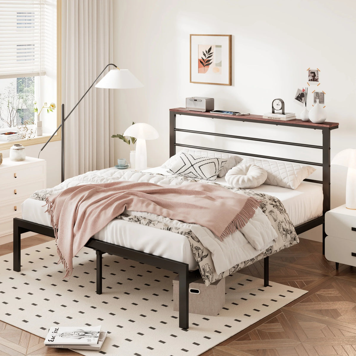 Queen Size Metal Platform Bed Frame with Shelf Headboard D286