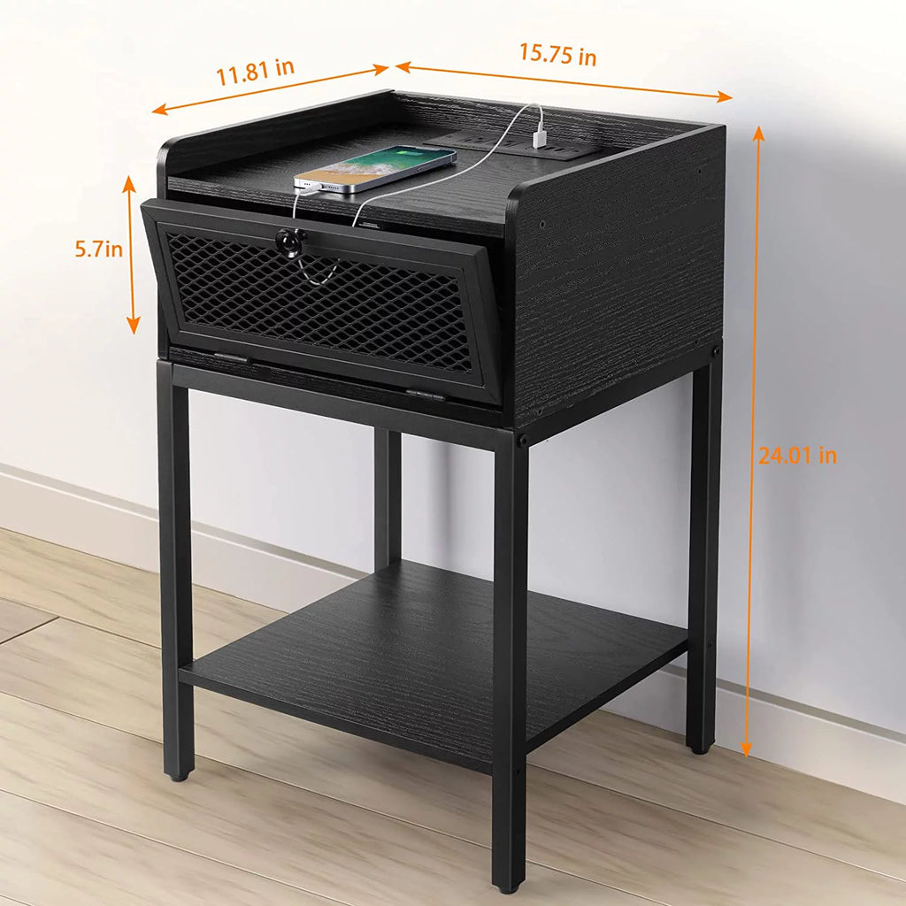 Black Nightstand with Charging Station and Drawers Y81677