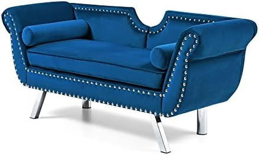 Velvet Ottoman Bench with Back and Silver Metal Legs I671