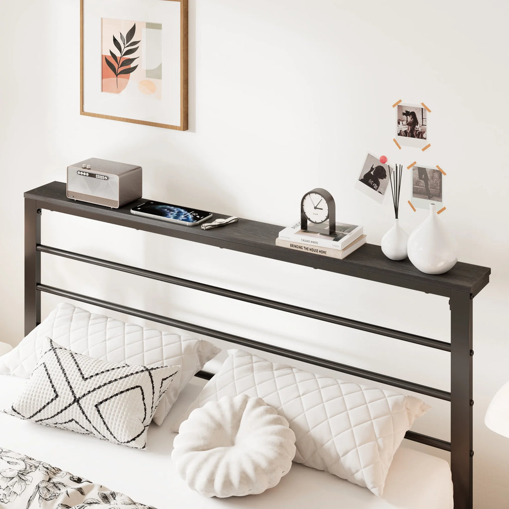 Queen Size Metal Platform Bed Frame with Shelf Headboard D286