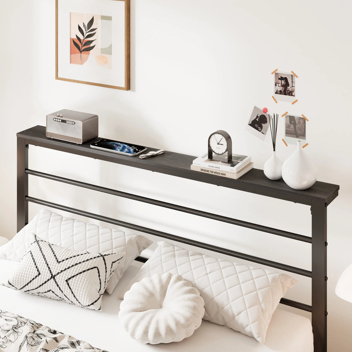 Queen Size Metal Platform Bed Frame with Shelf Headboard D286