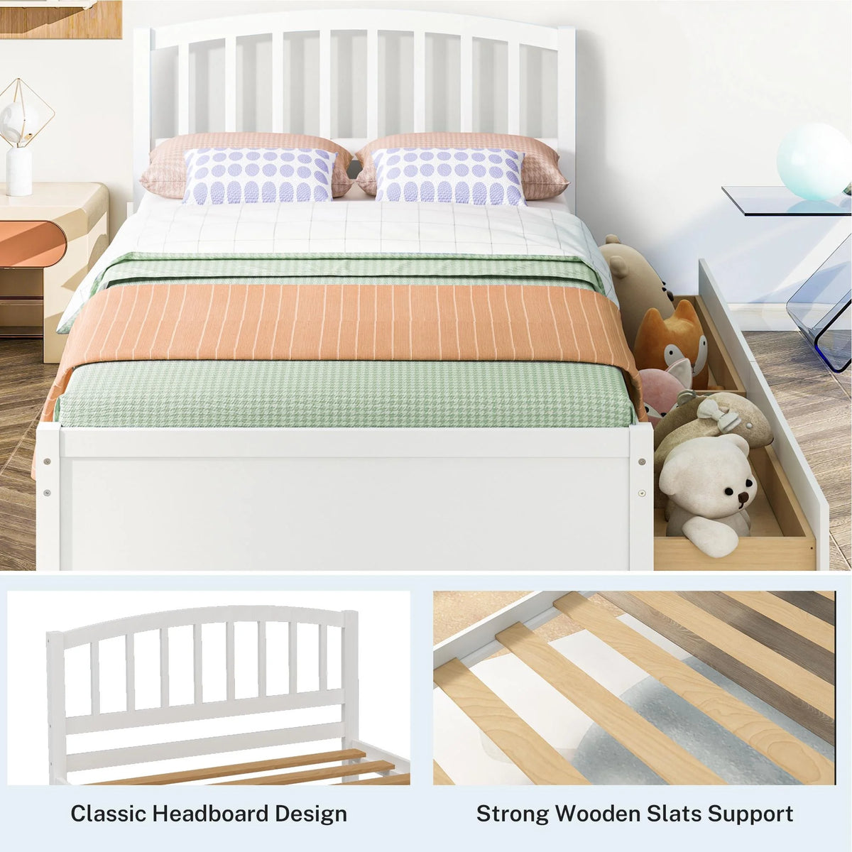 White Wood Twin Size Platform Bed with 2 Drawers F17633
