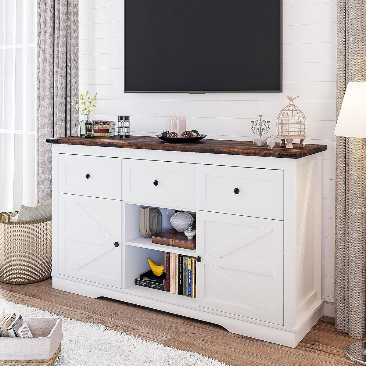 White TV Stand with 3 Drawers and Shelves W9324