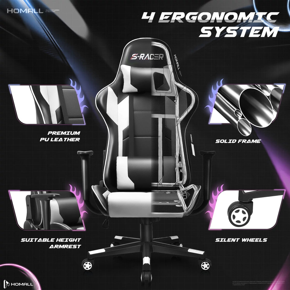 White Ergonomic Leather Gaming Chair with Headrest and Lumbar Support I587