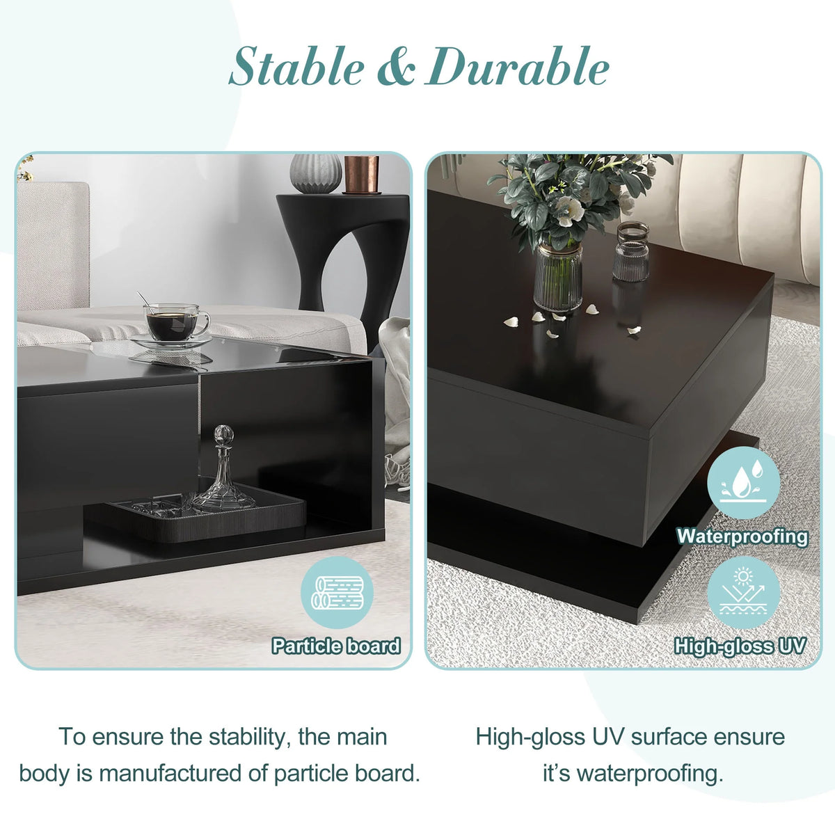 39.3" Black 2-Tier Coffee Table with Tempered Glass A942925