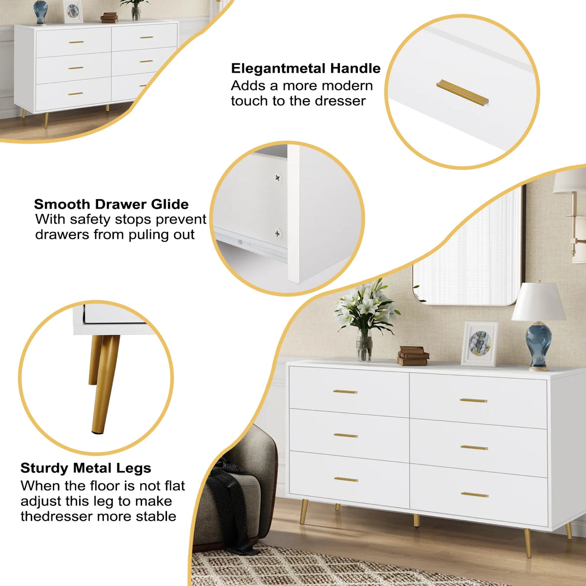 Wood 6 Drawer Dresser with Metal Handles M94382