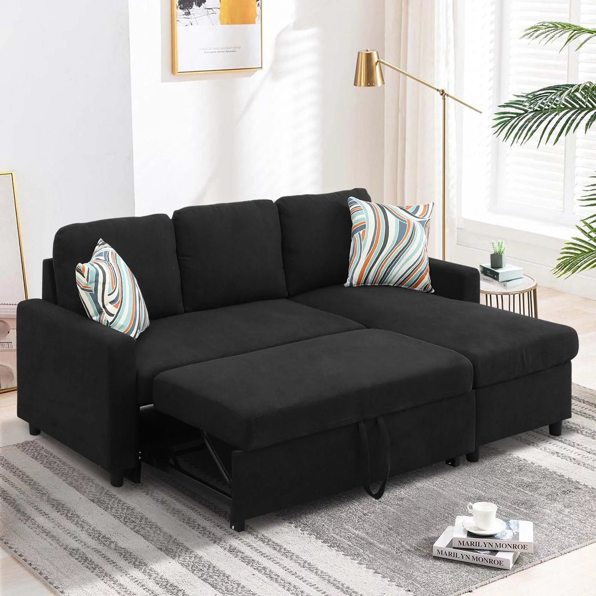 Black 2 in 1 Sofa Sleeper with Storage Chaise B291