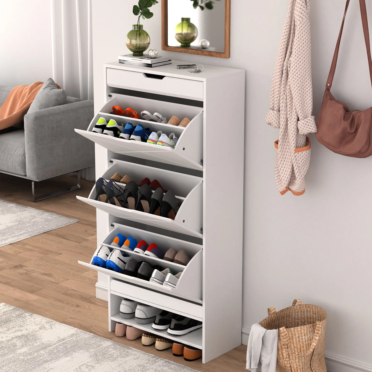 White 3 Flip Drawer Shoe Cabinet M59287