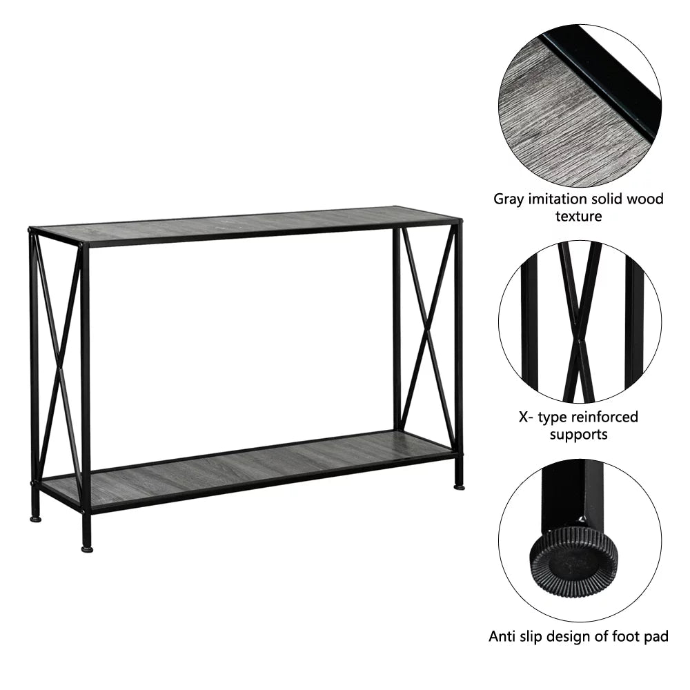 Gray 2-Tier Wood Console Table with Storage Shelf C9889