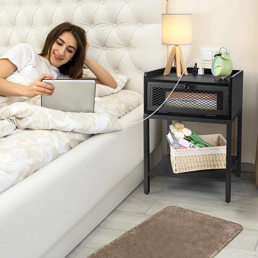 Black Nightstand with Charging Station and Drawers Y81677
