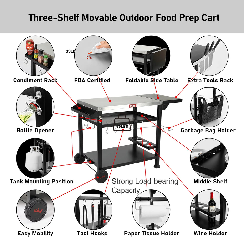 Stainless Steel 3-Shelf Movable Food Prep Cart Table O39214