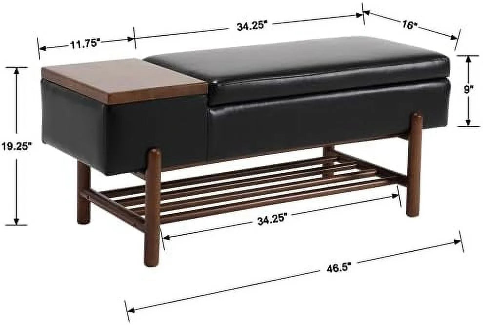 Green Leather Upholstered Ottoman Bench with Wood Shoe Rack O102