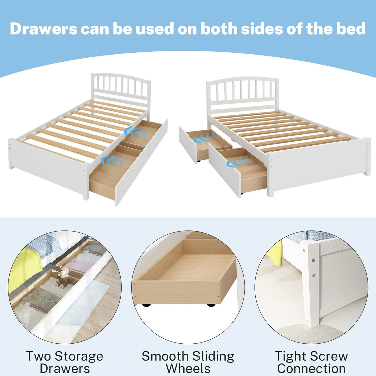 White Wood Twin Size Platform Bed with 2 Drawers F17633