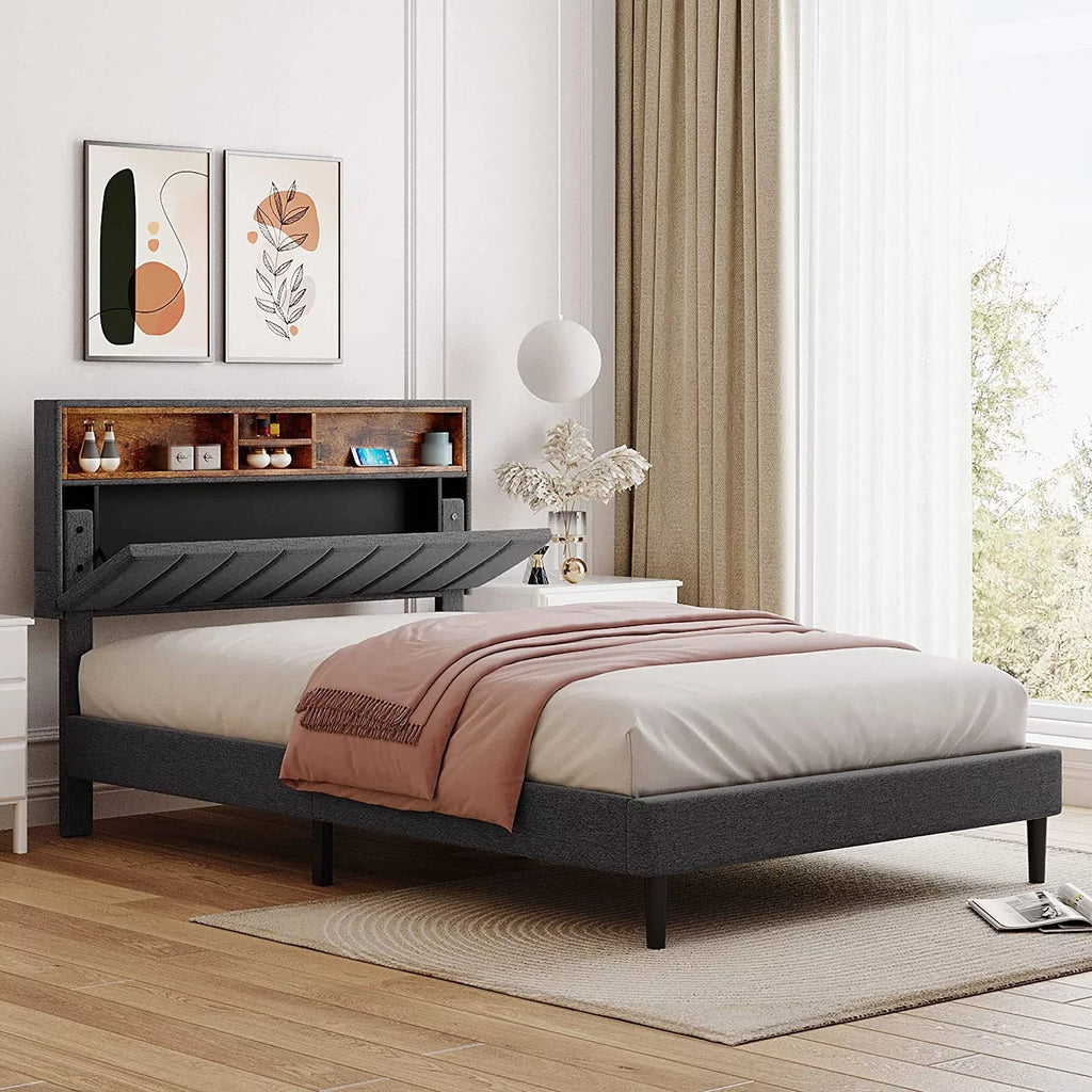 Full Size Linen Fabric Upholstered Platform Bed with Storage Headboard U42162