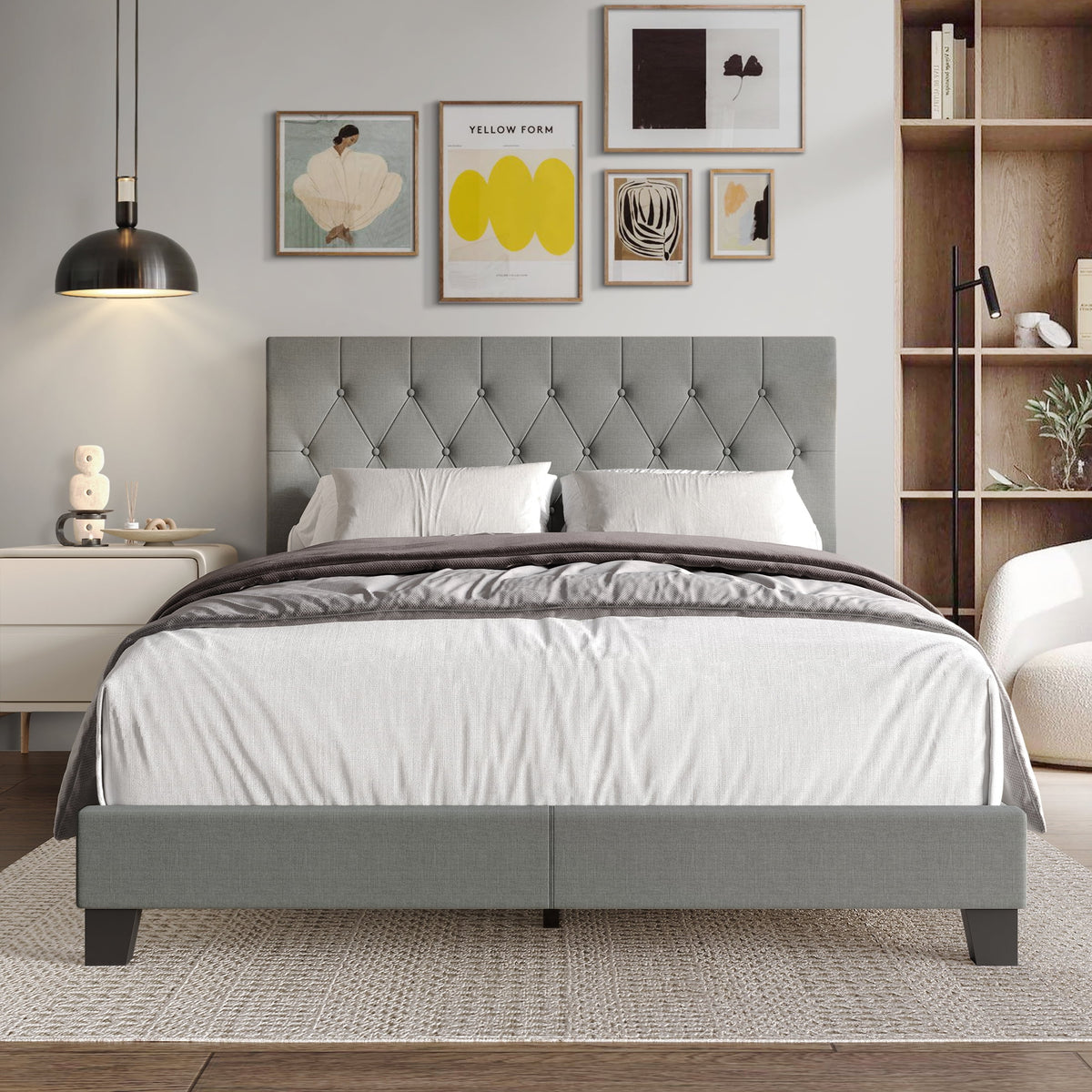 Beige Linen Upholstered Full Bed Y743